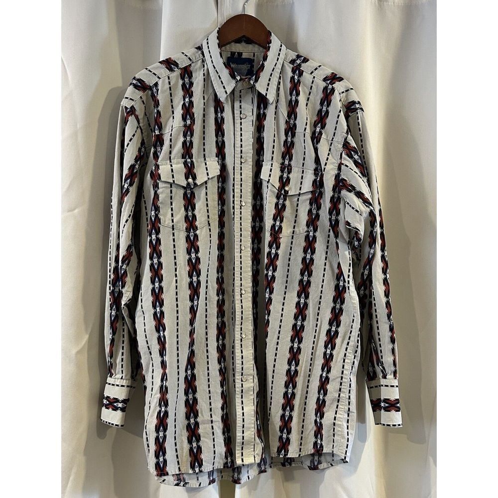 Wrangler Vintage Western Blue Aztec Pearl Snap Brushpopper Shirt